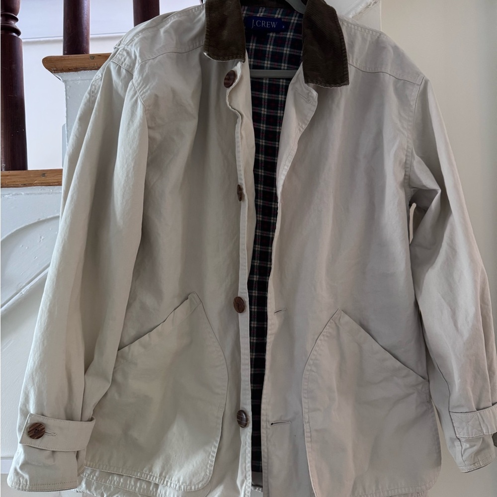J. Crew Men's Beige Jacket with Dark Brown Collar